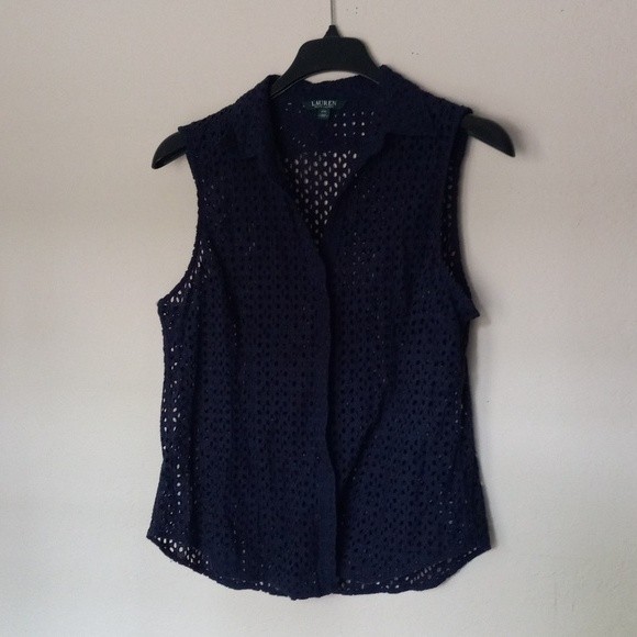 Lauren Ralph Lauren Blouse Size XXL Navy Blue Eyelet Sleeveless Button Front - Picture 1 of 7